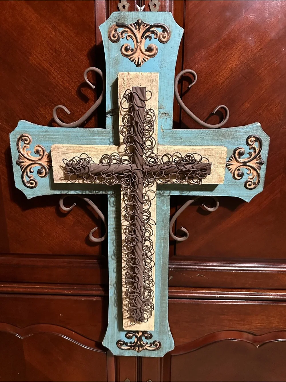 Handcrafted Wooden Wall Cross in Turquoise and Cream “rustic design”